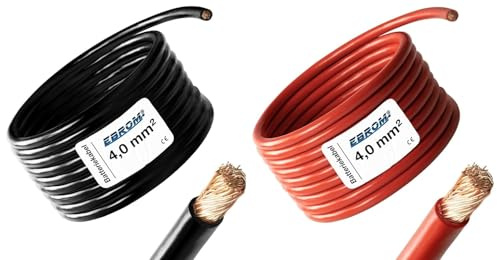 EBROM Batteriekabel SET: ROT + SCHWARZ - 4 mm² - Vollkupfer je 5 Meter | Batterie Kabel, PLUS- und MASSE Kabel - jeweils 5 m Länge - für PV, Boot, Solar, Industrie, LKW, KFZ, Caravan und weitere