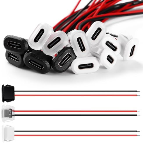 KUOQIY 12 Pezzi 3 Colori 3A 2 Pin Tipo C Femmina, USB Tipo C Femmina 2 Fili Connettore Presa con Fibbia a Scatto, Connettore USB Tipo C a Saldare con 100mm 24 AWG Cavo