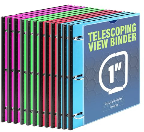 WOT I Telescoping 3 Ring Binder 1 Inch 12-Pack, Expandable Flexible Binder - Patented Design for Easy Portability, Holds 8.5x11 Paper, 4 Bright Colors for School, Office&Home Organization