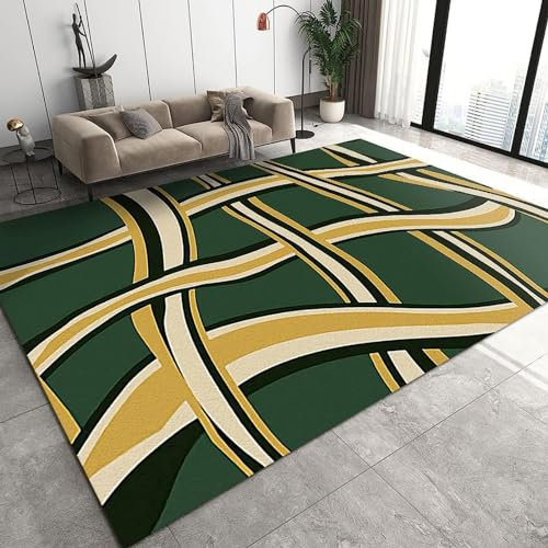 Teppich Moderne Teppiche Wohnzimmer Kurzflor Weich Großer Teppich Für Schlafzimmer Esszimmer Heimdekoration rutschfest Wohnzimmerteppich Ölgemälde Grün-Gelbe Linien 180 X 280 cm -8A0A9E1B0W6S7