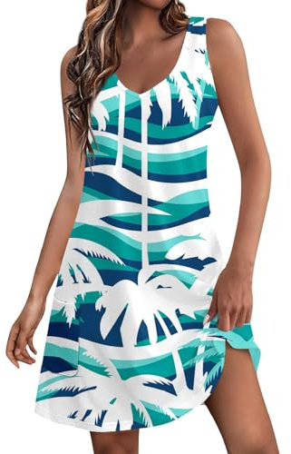 Sommerkleider Damen Ärmellos V-Ausschnitt Freizeitkleider Mit Taschen Blumen T-Shirt Strandkleid Leichte Lässige Boho Tank Kleid Casual Beach Minikleid A-Line Swing T-Shirt-Kleid