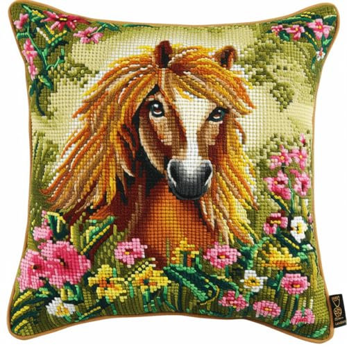 RKFLGEW DIY knüpfen set erwachsene pferd tier knüpfkissen set Farbenfrohe BlumenKnüpfhaken-Sets für Anfänger，handgefertigte Handarbeiten，DIY-Wurfkissen，Kunsthandwerk，Heimdekoration 43x43cm