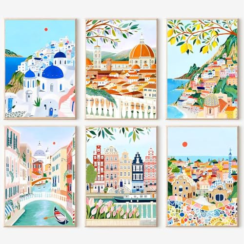 YALKIN 6 Stück Malen Nach Zahlen Erwachsene, Paint by Numbers Malen Nach Zahlen, DIY Landschaft mit Pinseln und Acrylfarben Handgemalt Ölgemälde Leinwand für Home Décor, Ohne Rahmen (25x35cm)