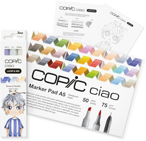 Copic Ciao LAYER & MIX Starter Set Serene, Marker Set mit 3 verschiedenen Farben, Markerpapier und Zeichenvorlage zum abpausen, inkl. Kennenlern-Übungsblatt
