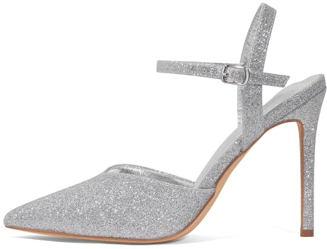 GENSHUO Élégant Talons Aiguilles de 10 CM – Chaussures de Soirée Sexy à Bout Pointu avec Bride de Cheville pour Femme, Paillettes argentées, 39 EU