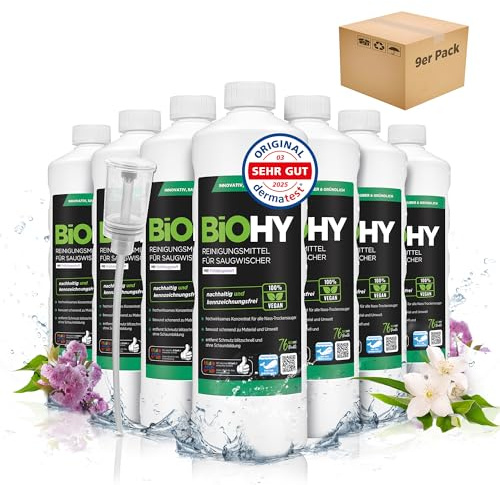 BiOHY Cleaning agent for suction wipers with a fresh spring scent (9 x 1l Bottle) + Dispenser | 1:200 concentrate for all wet-dry vacuum cleaners | ideal for tiles, PVC, parquet, laminate &