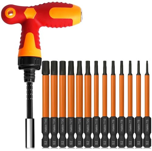 Hakkin Torx Bit Set - 13pcs Tamper Proof Torx Bits (T5-T40) with T-Ratchet Screwdriver - 75mm - S2 Steel - 1/4 Hex Shank - Magnetic