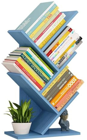 Libreria multiuso da banco ad albero, regolabile, a 4 ripiani, autoportante, da scrivania, libreria, libri, riviste, CD, da pavimento, colore: blu