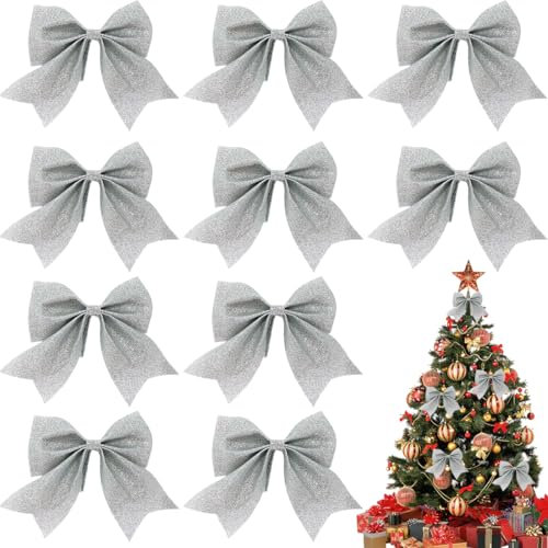 NJCXOLA 10 pezzi argenteo fiocchi di Natale glitter decorazione albero di Natale fiocchi decorazioni albero di Natale per le celebrazioni di famiglia decorazione del partito per le vacanze di Natale