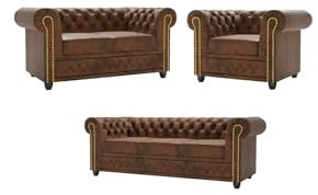 S-Style Möbel Set Sofa 3 Sitzer 2 Sitzer Beide Mit Schlaffunktion Sessel Couch 3 Stück Freistehend Massivholzfüße Braun Elegant Gesteppt Goldene Metallniete Vintage Optik Mikrofaser Heinrich Braun