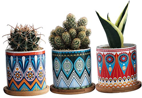Yardwe Keramik-blumentöpfe-Set Mit Mandala-Muster 3-teilig Keramik-blumentöpfe Mit Tabletts Für Die Innendekoration