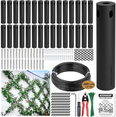 Acemaker Lot de 30 treillis métalliques pour plantes grimpantes d'extérieur, kit de treillis mural en plastique ABS noir avec câble et cutter revêtus de vinyle de 0,3 cm x 29,9 m, système d'espalier