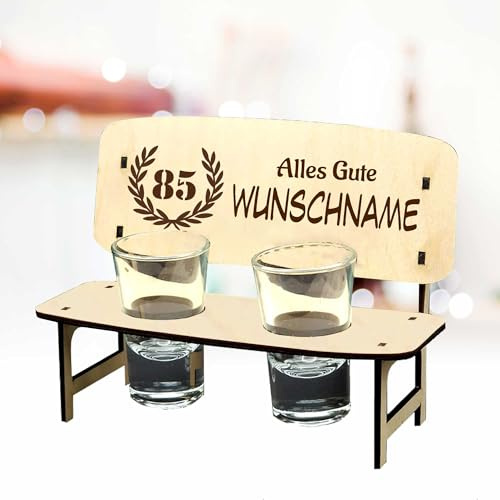 KIWISTAR UG – Regalo – Banco de chupito personalizado – 85 años – Nombre y frase – Personalizado con grabado y 2 vasos – Idea de regalo Mesa de registro – Boda, Cumpleaños, Aniversario