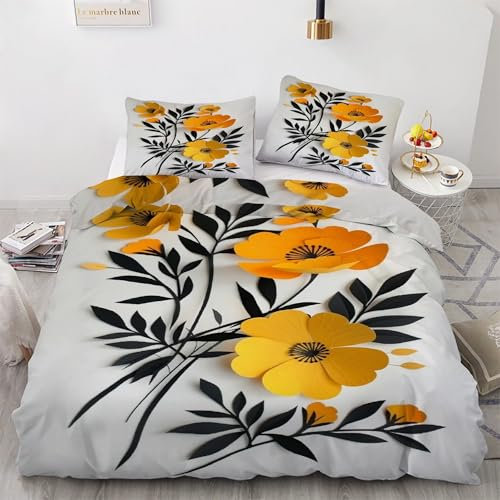 YZQGLHP Blumen Bettwäsche 220x240 Gelb, Wendebettwäsche & Zimmer Deko, Weiche Microfaser Bettbezug Set 2 Teilig, 2 Kissenbezug 80x80, mit Reißverschluss