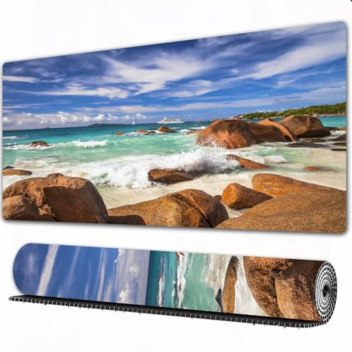 FEHWI 90×40 cm Verlängertes großes Mauspad Schreibtischauflage,Tropische, exotische Felsenküste mit Wellengang Seychellen,genähte Kanten Gaming mauspads,rutschfeste Gummibasis
