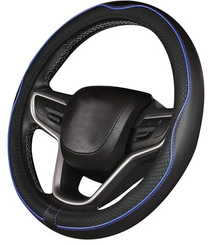 CAR PASSION Coprivolante Auto Universale in Microfibra Antiscivolo, Resistente ed Elastico - Design Sportivo per Volanti 37-38 cm - Comodo e Facile da Installare (Nero/Blu)