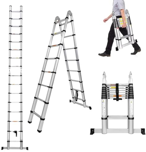 5m Telescopic Ladders EN131 Standards with Stabiliser, 2.5m+2.5m A Frame Telescopic Multi Purpose Aluminium Combination Step Ladder, Extension Ladders Extendable Folding Garden Loft Ladder for Window