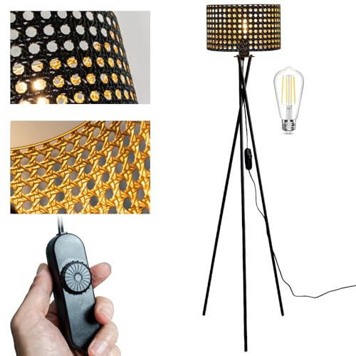 Osasy Lampada da Terra Moderna con Paralume Traforato, Stile Vintage, Base Treppiede in Metallo Nero, Dimmerabile LED, per Salotto e Camera da Letto