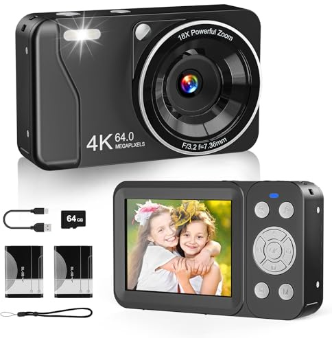 Fotocamera digitale, 4K 64MP, zoom 18x, fotocamera digitale punta e scatta con scheda TF da 64 GB e 2 batterie, piccola fotocamera ricaricabile portatile per bambini, adolescenti e adulti, nera