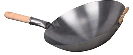 HOLIDYOYO Poêle à Frire Et Wok 32 Cm En Fonte Épaisse Manche En Bois, Ustensile Cuisine Polyvalent Pour Maison Et Cuisson Quotidienne