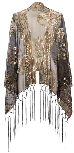 CABODYALS Schwarzer Schal Aus Floraler Spitze Glitzernder Pailletten Fransen Quastenschal Mit Goldenen Blumen Pfauen Mustern Vintage 1920S Chiffon Pashmina Schals Für Damen Abendkleid Formelle Hochzei