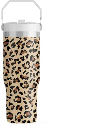 FOLAI Leakproof Flip Water Tumbler,30oz Stainless Steel Hot and Cold Water Bottle with Ergonomic Handle and Straw Keeps Cold For 12+ Hours,Ideal for Gym,Car,Beach-Easy to Carry Travel Mug(Leopard)