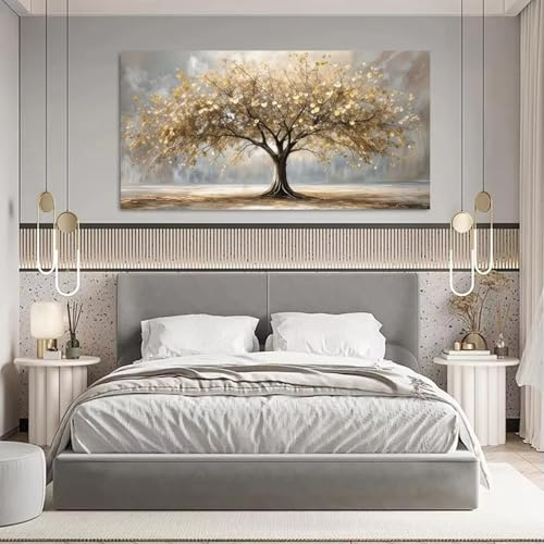 NXMYDBD Leinwandbild „Baum des Lebens mit goldenen Blättern“, Poster mit Herbstlandschaftsdruck, Gold und Beige, Heimdekoration, 75x150cm, ungerahmt