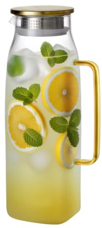 GLASKEY 2,2 Liter Quadratischer Wasserkaraffe mit Deckel und Griff,Wasserkrug aus Borosilikatglas für heiße oder kalte Getränke,Glaskaraffe für Eistee,Kaffee,Saft,Hausgemachte Getränke