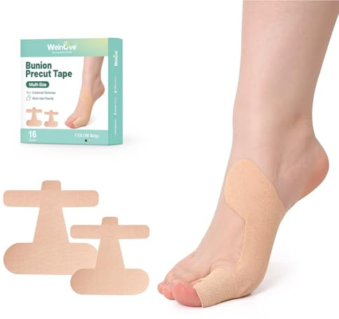 Welnove Kinesiology Tape for Bunion, 16 Pcs Ankle Tape Toe Support & Pain Relief, Breathable Latex-Free Tape, Beige (8 Small + 8 Large)