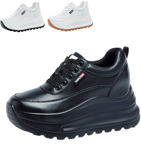 JAOOUU Sneaker kilklack dam 8 cm ultra hög klack tvåskikts kohud andas nätinnersula trendiga kilsneakers för kvinnor perfekt för vardag fritid, svart, 34 EU