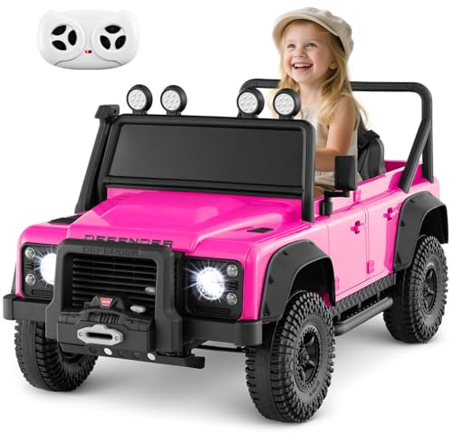 COSTWAY 12V Elektrisk Elbil för Barn Rosa – Batteridriven Barnbil med Fjärrkontroll, LED-Strålkastare, Musik, USB & MP3 – Land Rover Minidefender för Barn 3–8 år