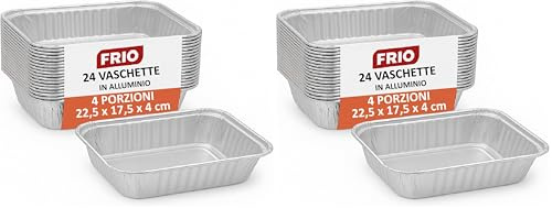 FRIO - 24 Barquettes Aluminium Alimentaires Rectangulaires | 4 Portions 17,5x22,5x5,5 cm | Plateaux, Contenants et Plats Jetables | Four et Congélateur | Idéal Camping, Pique-nique et Vente à Emporter