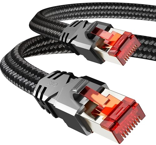 Tesmax Cable LAN Cat 8 de 6 metros, 40 Gbps, cable de red de alta velocidad, 2000 MHz, S/FTP, cable Ethernet Gigabit POE RJ45, nailon trenzado dorado, para router PS5, módem, conmutador, cubierta de