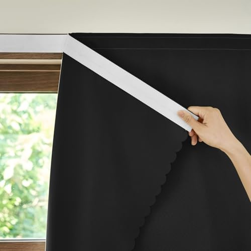 AJAZZ Adhesive Magic Tape Stick On Curtains, Self Adhesive Window Cover, Classroom Kitchen, 35 W X 79 L, Black, 1 Panel