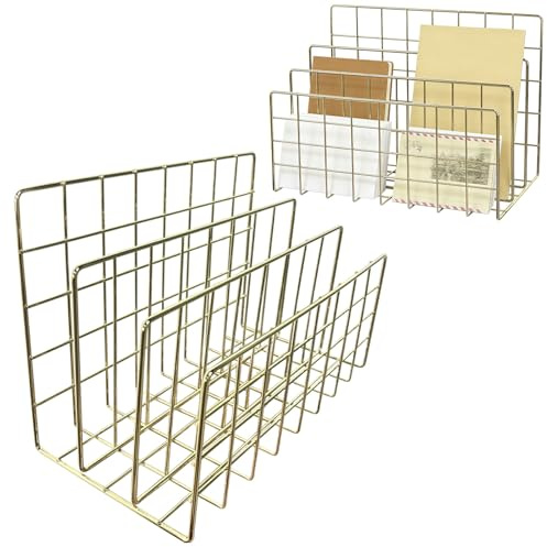 QQdou 2PCS Metall Briefhalter, Briefständer 24 x 12 x 15,8cm, 3 Fächer Dokumentenhalter, Schreibtisch-Organizer, für Büro Hause Schule(Gold