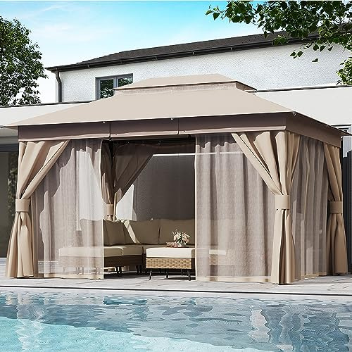 LAUSAINT HOME Semi‑Permanenter Gartenpavillon 4×3 m, robuster Partyzelt‑Unterstand mit Doppeldach, abnehmbare Moskitonetze & Sichtschutzwände, wetterfest für Terrasse, Garten‑Partys,Farbe Khaki