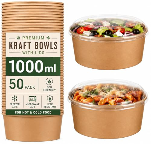 Kraft Salad Paper Bowls with Lids, 50 Pack Disposable Takeaway Food Containers, Leakproof Soup & Salad Bowls for Hot and Cold Food, Eco-Friendly Containers for Restaurants, Cafes & Meal (1000ML)