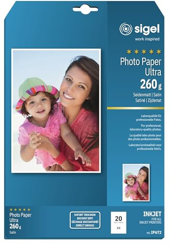 SIGEL InkJet Fotopapier Ultra A4 260 g seidenmatt 20 Blatt | IP672, extrem lichtbeständig für hochwertige Fotodrucke