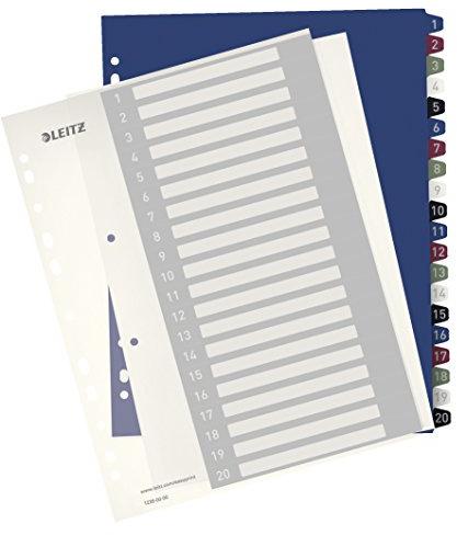 Leitz Register für A4, PC-beschriftbares Deckblatt und 20 Trennblätter, Taben mit Zahlenaufdruck 1-20, Überbreite, Weiß/Mehrfarbig, PP, Style, 12390000