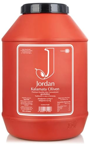 Jordan Olivenöl, Kalamata Oliven ohne Stein geschnitten, Eimer 5 kg | Zarte Tafeloliven aus Griechenland, geschnitten, in Salzlake, Netto 8,6 kg, Abtropfgewicht 5,0 kg, Ideal für Gastronomie.