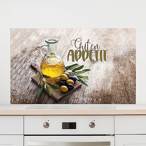 GRAZDesign Spritzschutz Küche Glas Guten Appetit mit Olivenzweig braun, Küchenrückwand Glas für Herd und Spüle, Rückwand Küche Glasplatte mit Motiv, 100x50cm