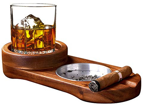 Classic Wooden Cigar Ashtray Coaster and Holder, Whiskey Glass Tray with Cigar Rest, Great Gift for Men, Home Decor