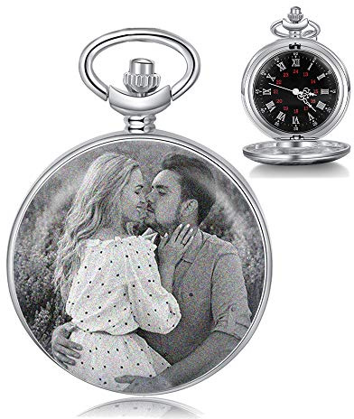 Reloj Bolsillo Personalizado con Foto Grabado Reloj Vintage Reloj Bolsillo Suave Reloj Clásico para Hombres Mujeres Regalo para Cumpleaños Aniversario Día del Padre (Plata)