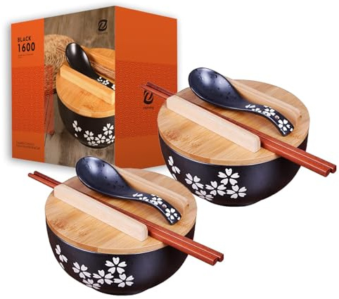 Cereal Bowls Japanese cuisine bowl with lid vintage ramen bowl with lid black ceramic instant noodle bowl black salad bowl soup bowl with wooden lid (2pcs, 16168cm) BLACK 2PCS 16cm6.3 h