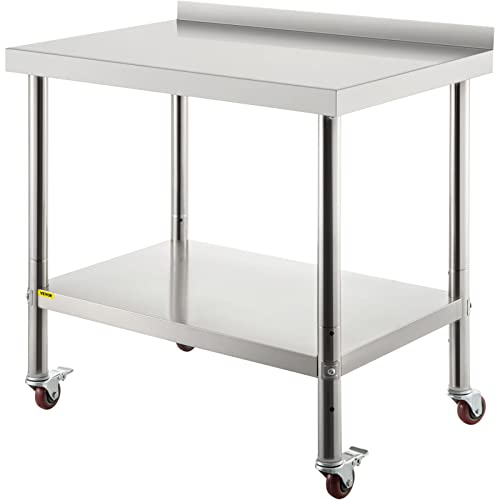 VEVOR Tavolo da Lavoro per Cucina di Preparazione Alimenti in Acciaio Inox 4 Ruote Alzatina 5cm, Piano da Lavoro Ripiano Doppio 91,4x61x89cm con Ruote e Alzatina Capacità Carico 200kg, metallico