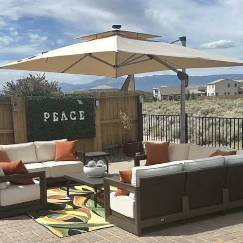 PURPLE LEAF Parasol Déporté 2,7 x 3,65 m avec LED Toit Double Anti-UV Beige | Double source d'énergie : solaire et USB, alliant praticité et économie d'énergie, Mât et baleines en aluminium, UPF50+