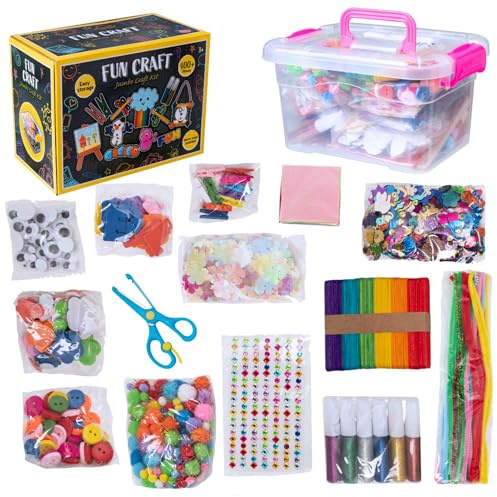 Fun Craft Bastelset für Kinder | Bastelkoffer mit 400+ Teilen | Bastelmaterial: Scheren, Holzstäbe, Pfeifenreiniger, Buchstaben & Blumen | Kreativset für Kinder ab 3 Jahren.