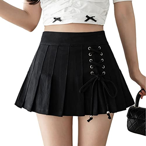 Osheoiso Damen Rock in A-Linie Sexy Mini Faltenrock Kariert Damen Mädchen Kurze Hohe Taille Plissee Skater Tennis Schulrock Anime Faltenrock mit Spitze Sommer K Schwarz S