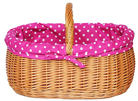 YULKA Weidenkorb handgeflochten oval rosa Stoffeinlage | Nachhaltiger Einkaufskorb