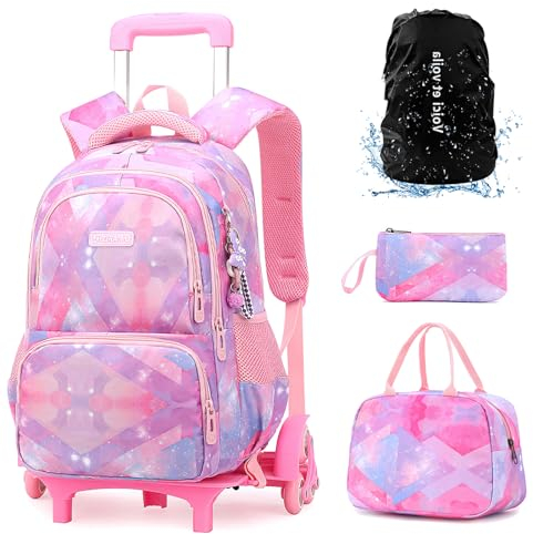 3pcs Rucksack Trolley Mädchen Schultasche mit Rollen für Mädchen Rucksack Schulrucksack Rollen Mädchen Schulranzen Mädchen Rosa 1-4 klasse 30X20X42cm